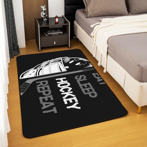 Hockey Area Rug 5x7 for Kids Boys Teens,Black Grey Eat Sleep Hockey Indoor Floor Mat Non Slip,Ice Hockey Player Carpet Bedroom Decor,Graffiti Winter Sports Game Area Runner Rug - color: Color 20, size: 4'11" x 6'6" (Rectangular)