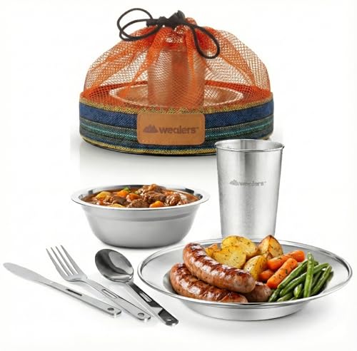 Unique Complete Messware Kit Polished Stainless Steel Dishes Set| Tableware| Dinnerware| Camping| Includes - Cups | Plates| Bowls| Cutlery| Comes in Mesh Bags - style: Single Person Set Orange