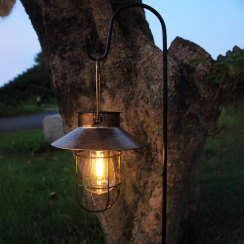 2 Pack Solar Lanterns, Outdoor Hanging Lights Metal with Shepherd Hook Warm White Edison Bulb Design for Garden and Birthday Gifts for Mom Grandma Wife ( Copper) - color: Copper