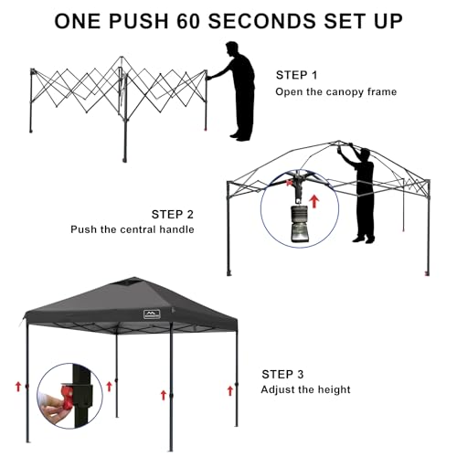 KAMPKEEPER One Person Setup 10x10 Pop up Canopy Tent, Instant Portable Canopy, One Push Outdoor Canopy with 3 Adjustable Heights, Wheeled Carry Bag, Bonus 8 Stakes(Black, 10x10FT with one Push) - color: Black, size: 10x10FT with one push