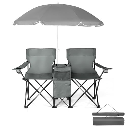 Double Folding Camping Chairs with Umbrella, Portable Camping Beach Chair for Adults, Outdoor 2-Seat Lawn Soccer Camp Chair with Shade Canopy, Cup Holder Cooler Bag for Sports Lawn Patio Outside Grey - color: Grey