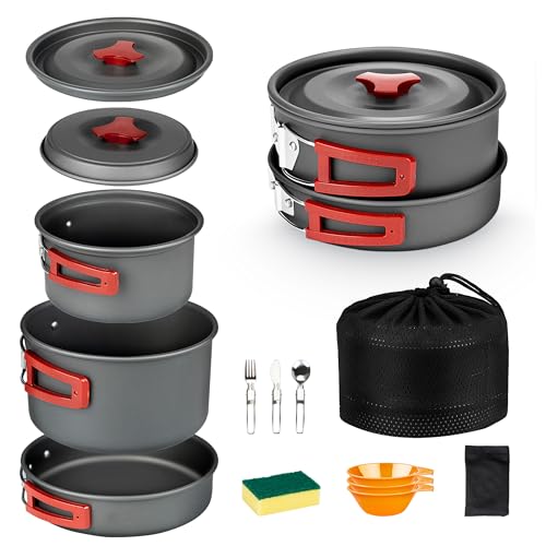 Alocs Camping Cookware Set - Lightweight Camping Pots and Pans - Portable Outdoor Cookware with Kettle - Camping Cookware Mess Kit for 2 - style: Value Kit (13-piece)