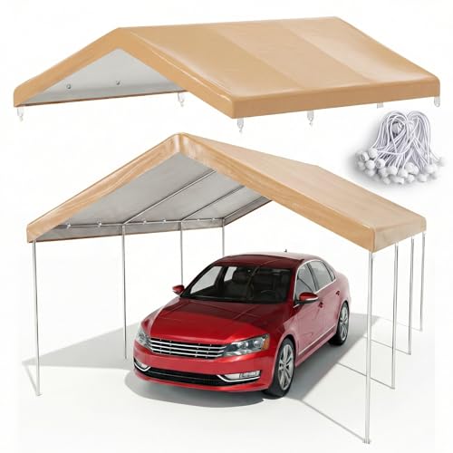 10x20 FT Carport Canopy Replacement Cover, Heavy Duty Car Garage Top Tent Shelter Tarp, Waterproof & UV Protected, Easy Installation with Ball Bungees, Beige (Frame Not Included) - color: Beige, size: 10'x20'