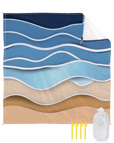 Beach Blanket Sandproof Oversized 95" x 80" Blue Brown Waterproof Quick Drying Sand Free Mat Ocean Beach Striped Texture Picnic Blankets for Outdoor Travel Camping Hiking Park - color: Light Sky Blue, size: 95''x80''
