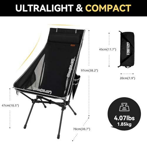 TOBTOS Portable High Back Camping Chair, Support 440 lbs, Ultralight Folding Chair with Head Support, Compact Backpacking Chair for Outdoor Camp Backpacking Fishing (Black) - color: Black-highback