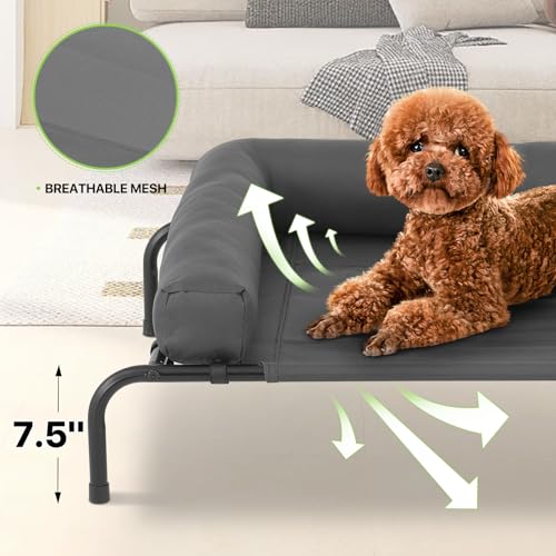 Magshion Cooling Elevated Dog Bed w/Removable Bolster, Portable Raised Outdoor Indoor Dog Cots Chew Proof Pet Hammock with Breathable Mesh for Small Dogs up to 50 lbs, Dark Gray