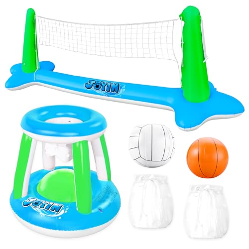 JOYIN Inflatable Volleyball Net & Basketball Hoops Pool Float Set; Balls Included for Kids and Adults, Summer Pool Game, Floaties, Volleyball Court (105”x28”x38”) Basketball (27.6”x23”),Green,Blue - color: Green Blue, size: Large