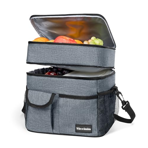 Tirrinia Large Insulated Lunch Box for Women Men, Double-Layer Leak-Proof Reusable Lunch Bag with 4 Pockets for Adult, Lunch Bag Cooler Tote for Office Work and Travel,Carbonarius - color: Charcoal, size: Large Double Layer-17L