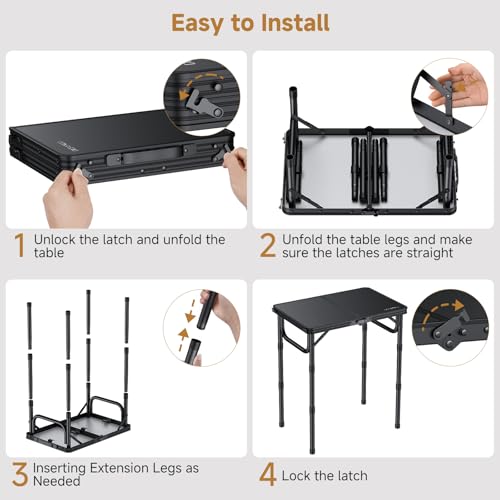 Folding Camping Table, 22" x 15" Picnic Table with 3 Adjustable Height Max 27.5", Matte Black Aluminum Folding Table with Handle for Party, Dining, Garden, Patio, Market - style: 2-Fold MDF Tabletop