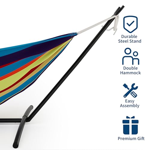 Double Hammock with Steel Stand - 2 Person Hammock Bed Indoor Outdoor, Brazilian-Style, with Carry Bag, 450lb Capacity, Portable & Easy Assembly, Tropical - color: Tropical