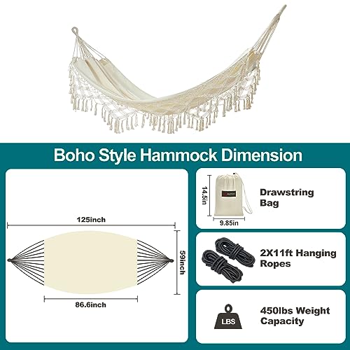 JoyView Boho Macrame Double Hammock with Hanging Ropes & Elegant Tassels 86.6x59 Portable Cotton Hammock for Patio Backyard Porch 450LBS Weight Capacity Perfect for Outdoor/Indoor - Beige Color - color: Natural White With Tassel