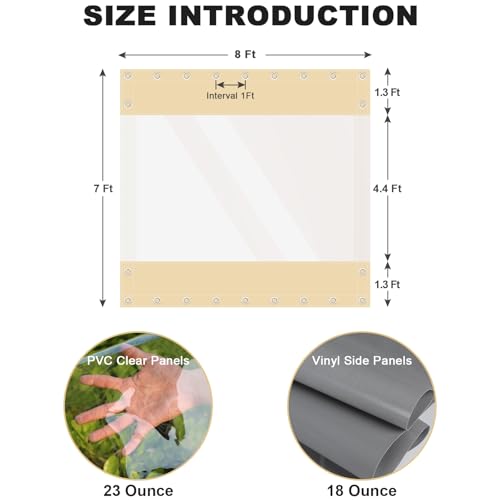 Clear Vinyl Curtains for Patio Enclosure, 23oz Heavy Duty Waterproof Anti-UV and Tear-Resistant Tarpaulin with Grommets, Weatherproof Panels for Porch, Pergola, Gazebo, Balcony, Outdoor - color: Khaki, size: 7'H X 8'W