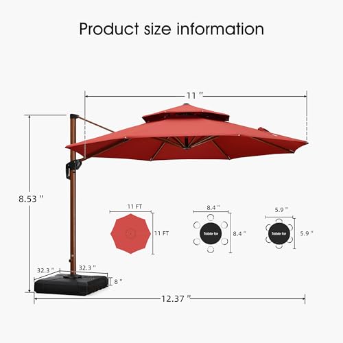 PURPLE LEAF Large 11ft Brick Red Cantilever Umbrella with Base, Windproof and UV Resistant - color: Brick Red, size: 11 Feet, style: Base Included