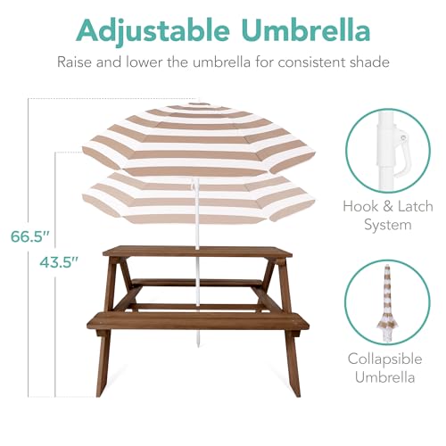 Best Choice Products Wooden Kids Picnic Table with Umbrella, Outdoor Activity Table Set with Built-in Benches, 220 lb Capacity per Bench - Walnut/Beige - color: Walnut/Beige