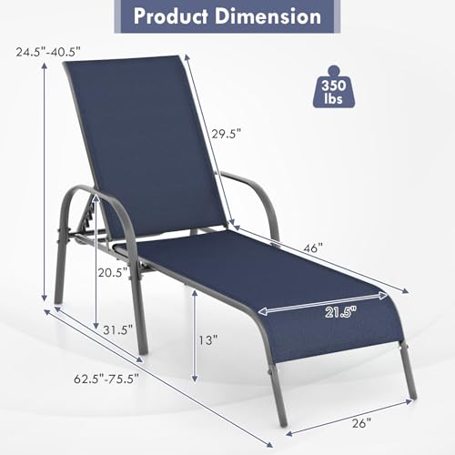 Giantex Patio Lounge Chair, Outdoor Chaise Lounge with 5 Adjustable Backrest, Sturdy Steel Frame, Sunbathing Recliner, Tanning Chair for Beach, Outside, Yard, Balcony, Pool Chairs, Navy - color: Navy