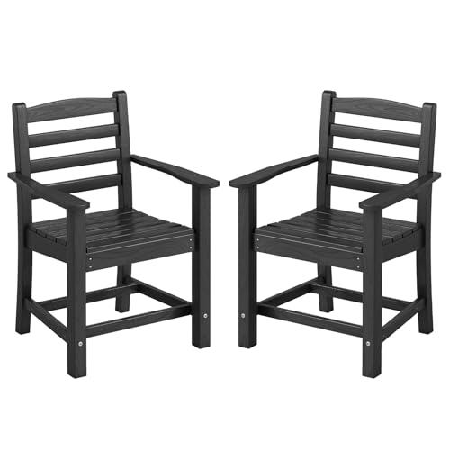 Tangkula Patio Dining Chairs Set of 2, HDPE All Weather Outdoor Chair w/Wide Armrests, Curved Seat, Wood Grain, Plastic Porch Chair for Backyard, Garden, Front Porch, Poolside (Black, 2 Chairs) - color: Black, size: 2 Chairs
