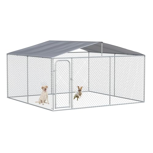 PawHut Outdoor Dog Kennel, Heavy Duty Dog Run Outdoor Fence with Waterproof Cover, Galvanized Chain Link, Secure Lock, for Large Breeds, Chickens, Ducks, 13' x 13' x 7.5' - size: 157.5"L x 157.5"W x 91.3"H
