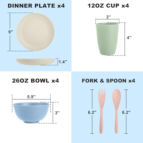 Wheat Straw Dinnerware Sets 20 PCS Service for 4, Unbreakable Kitchen Plates and Bowls Sets, Microwave Dishwasher Safe Dish Set, Outdoor Camping, RV, Apartment Essentials - Colorful - color: Colorful, size: 20 PCS