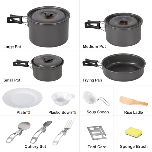 REDCAMP 6/10/11/12/14/15/19 PCS Camping Cookware Mess Kit Camping Gear Campfire Utensils Lightweight Stackable Pot Pan Bowls Soup Spoon with Storage Bag for Camping, Backpacking, Outdoor Cooking - style: Black,19 Pcs