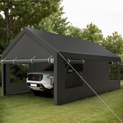 10x20 FT Heavy-Duty Design Carport,Portable Garage Canopy,Carport Canopy with Side-Opening Removable Door & Roll-Up Window,Portable Car Port for Car, Truck, Boat, Black/Gray - color: Black/Gray, size: 10' X 20'