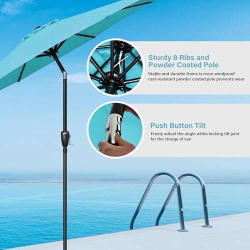 HealSmart 9' Outdoor Patio Umbrella, Market Table Umbrella with 8 Sturdy Ribs, Push Button Tilt and Crank for Garden, Yard, Pool, Turquoise - color: Turquoise, New, size: 9FT