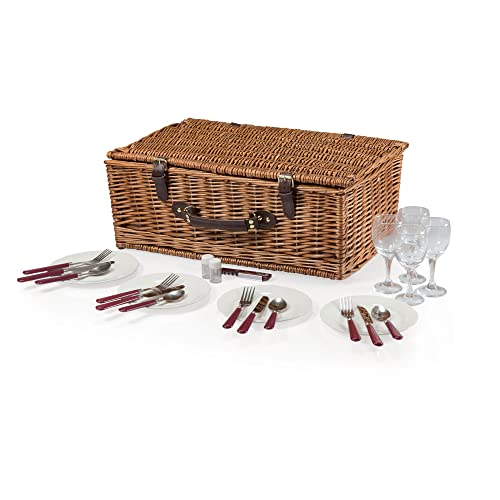 PICNIC TIME Newbury Picnic Basket for 4, Romantic English-Style Wooden Wicker Basket with Deluxe Service for 4, Fully-lined Interior, Leatherette Lid-locking Buckle, and Flat-lid Design, (Navy Blue)