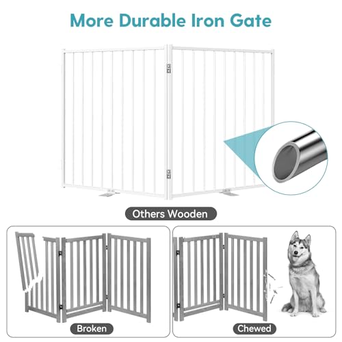 No Pawblems Free Standing Dog Gate with Door, 30'' Tall Foldable Dog Fence for Indoor & Outdoor, Up to 208 Inch Extra Wide Puppy Gate for Stairs, Hallways, Doorways, Deck, Yard (White, 8 Panels) - color: White, size: Up to 208" W, 8 Panels