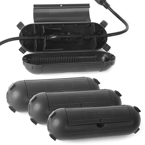 (4-Pack) Large Black Outdoor Extension Cord Plug Protector for AWG12/14/16 Cords | Water-Resistant Holder for Holiday String Lights and Wires | Capsule Shaped Protector with Large Compartment - color: Black, size: Large (with 4 Latches)