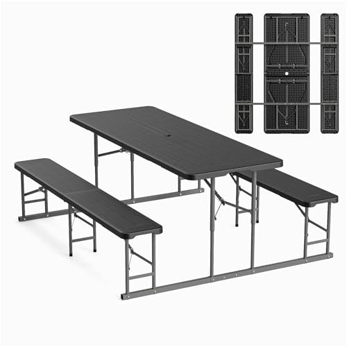 VINGLI Folding Picnic Table and Bench Set, Portable Outdoor Dining Furniture for Camping, Patio, Backyard, Wood Grain Plastic Top with Metal Frame (Black) - color: Black, style: Standard