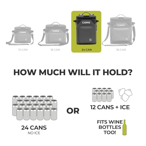 CORE Magnetic Leak Proof Soft Cooler with Waterproof Zipper | Insulated Bag Portable Ice Chest Box | Best Soft Cooler for Food & Beverages for Tailgating, Car Camping, Travel, and Family Beach Picnics - color: Charcoal, size: 24 Can