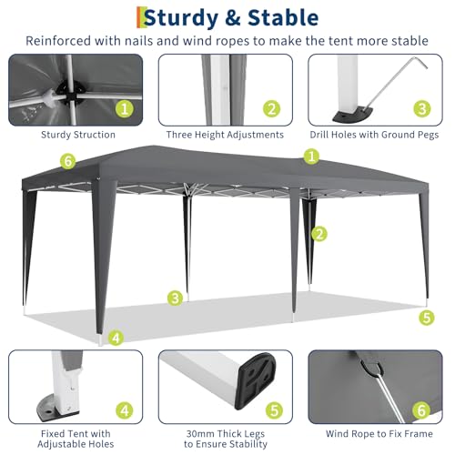GarveeLife 10x20 Heavy Duty Pop Up Canopy Tent with 6 Removable Sidewalls, Easy Up Commercial Canopy Tents for Parties, Large Outdoor Canopies with 3 Adjustable Heights, Stakes X18, Ropes X6, Grey