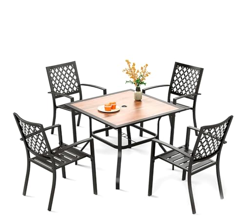 PHI VILLA 5 Pieces Outdoor Dining Set for 4, 37" Square Metal Table with Polywood Top & Stackable Wrought Iron Chairs, Outside Furniture for Patio, Deck, Porch, Backyard - color: Net Back Chair, size: 5PCS-37" Wood Top Table