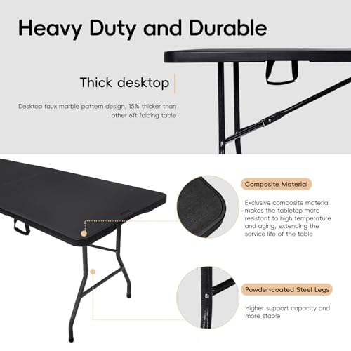 pollilar Folding Table 6FT HDPE 6 Foot Foldable Table Portable Banquet Surface Fold-in-Half Desk Utility for Working Meeting Parties, Picnic, Camping, Weddings, Catering, Garden Dining-Black - color: Black