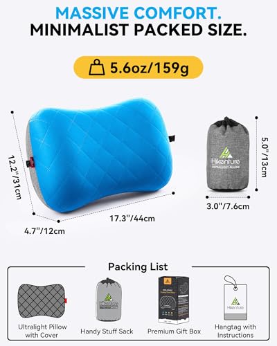 Hikenture Camping Pillow with Removable Cover - Ultralight Inflatable Pillow for Neck Lumbar Support - Upgrade Backpacking Pillow - Washable Travel Air Pillows for Camping, Hiking, Backpacking - color: Blue