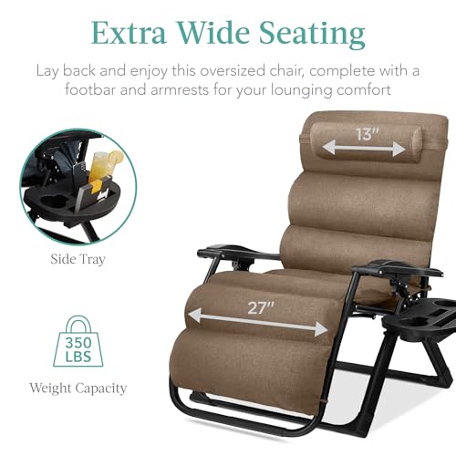 Best Choice Products Oversized Zero Gravity Chair, Folding Outdoor Patio Recliner, XL Anti Gravity Lounger w/Removable Cushion, Cup Holder, Side Tray, 350lb Capacity - Taupe - color: Taupe