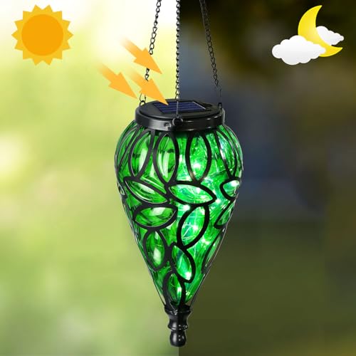 SUNNYPARK Outdoor Plastic Solar Hanging Lantern, 15 Cool White LEDs Twinkle Effect Tear-Shaped Hanging Lantern Decor Garden Decorative Solar Lights for Backyard, Patio and Lawn - style: Green