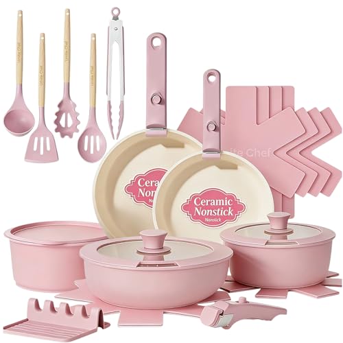 Umite Chef Pots and Pans Set Non Stick, 21 pcs Nonstick Ceramic Cookware Set, RV Kitchen Cooking Set with Detachable Handles, Oven Safe, Induction Cookware, Stackable, Pink, PFAS PFOA & PTFE Free - color: Pink