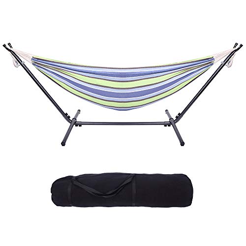 Double Hammock with Steel Stand, Adjustable Hammock Bed,Portable Outdoor Polyester Hammocks Set,2-Person Heavy-Duty Hammocks for Camping Garden Backyard Patio,250lbs Capacity (Green Stripe) - color: Green Stripe