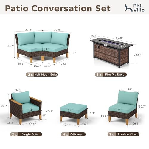 PHI VILLA Half-Moon Patio Furniture Set with 56" Fire Pit Table, Wicker Outdoor Curved Sectional Sofa with Cushions, Ottomans, Large Conversation Seating for Garden or Backyard, Aqua Blue - color: Aqua Blue+fire Pit, size: 9 Seats - Curved