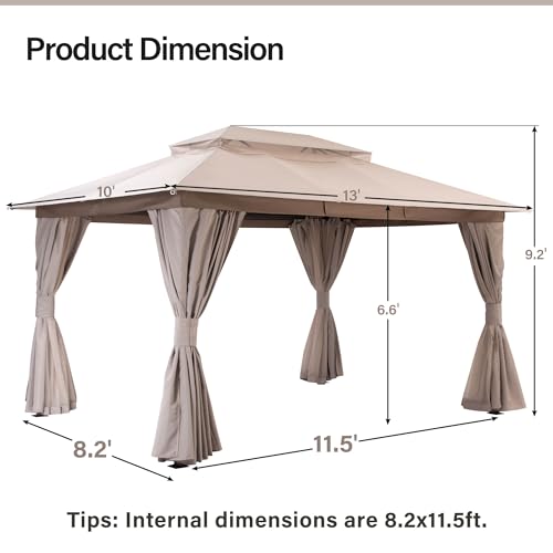 LAUSAINT HOME Gazebo 10x13ft, Heavy Duty Patio Gazebo with Expansion Bolts, Party Canopy Tent with Double Roofs, Mosquito Nettings and Privacy Screens for Backyard, Garden, Lawn, Khaki - color: Khaki, size: 10'x13'