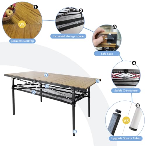 Large Folding Camping Table Aluminum with Storage for 4-6 People 55"X27.5" Roll Up Tall Outdoor Portable Table Lightweight with Carry Bag for Picnic BBQ Backyard Beach - color: Natural-55*27.5-2.08in Panel