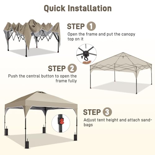 8x8 FT Canopy Tent, Pop Up Canopy with 1-Button Push, 4 Sandbags, Instant Outdoor Gazebo Shelter (Khaki, 8x8) - color: Khaki, size: 8x8