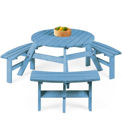 Best Choice Products 6-Person Circular Outdoor Wooden Picnic Table for Patio, Backyard, Garden, DIY w/ 3 Built-in Benches, 500lb Capacity - Seaside Breeze - color: Seaside Breeze