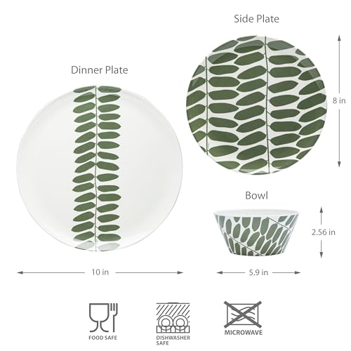 Bzyoo 12-Piece Melamine Dinnerware Set - Leaf | Lightweight, Durable, BPA-Free | Dishwasher Safe Dish Set for Indoor & Outdoor Use - Perfect for Camping, BBQs, Kids - color: Leaf Green