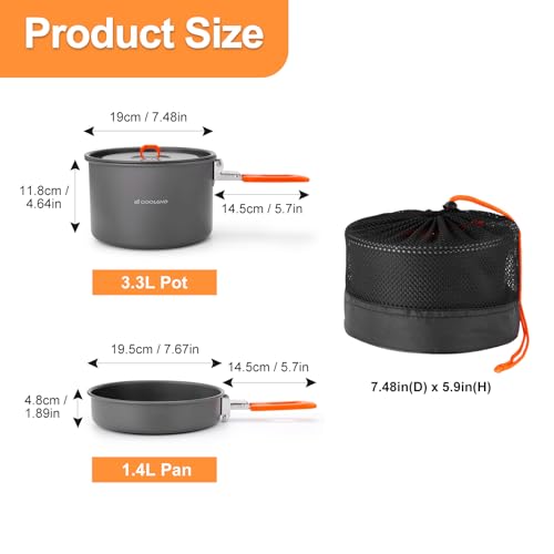 Odoland Camping Cookware Mess Kit, Non-Stick Lightweight Camping Pot and Fry Pan Set with Mesh Bag for Backpacking, Outdoor Cooking and Picnic - size: 2.4L Pot + 1.2L Fry Pan