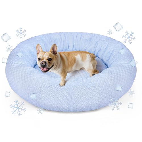 Donut Dog Bed for Small & Medium Dogs - Cooling Pet Bed with Non-Slip Bottom, Summer Comfort Dog Beds for Puppies, Washable & Portable Egg Tart Shape (M) - color: Blue Donut, size: Medium