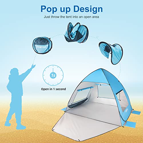 TOBTOS UPF 50+ Pop Up Beach Tent, Easy Set Up Beach Umbrella, Sun Shelter for 2-3 People UV Protection Portable Sunshade, Baby Canopy Cabana, Lightweight with Carry Bag - style: Blue for 2-3 Person