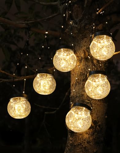 PARTPHONER Solar Lanterns Solar Lights Outdoor Waterproof 6-Pack, Solar Powered Hanging Lights Cracked Glass Hanging Globes for Christmas Decoration, Shepherd Hook, Garden Tree Ornaments - color: Black Cap Warm White Light, size: 6 Pack