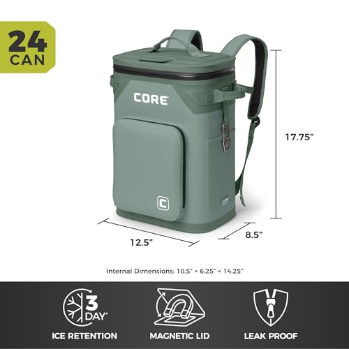 CORE Magnetic Leak Proof Soft Cooler with Waterproof Zipper | Insulated Bag Portable Ice Chest Box | Best Soft Cooler for Food & Beverages for Tailgating, Car Camping, Travel, and Family Beach Picnics - color: Sage, size: 24 Can