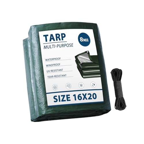 Tarp Waterproof 16x20 Multi-Purpose Green Camping Tarps 8Mil Thick with Reinforced Grommets for Under Pool, Emergency Rain Cover Outdoor - size: 16×20 Ft
